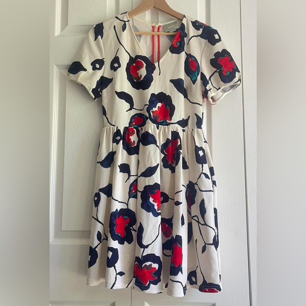 Anthropology Maeve Dress Colorful Fabric with Red and Blue Accents